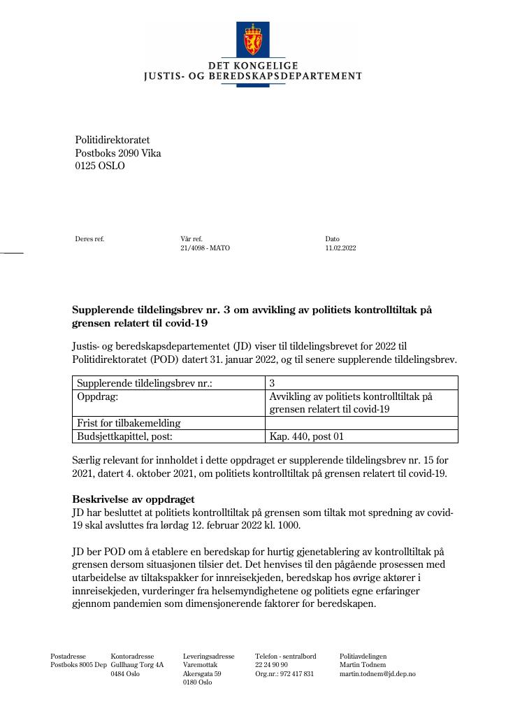 Tildelingsbrev Politidirektoratet 2022 Tillegg Nr 3 Kudos