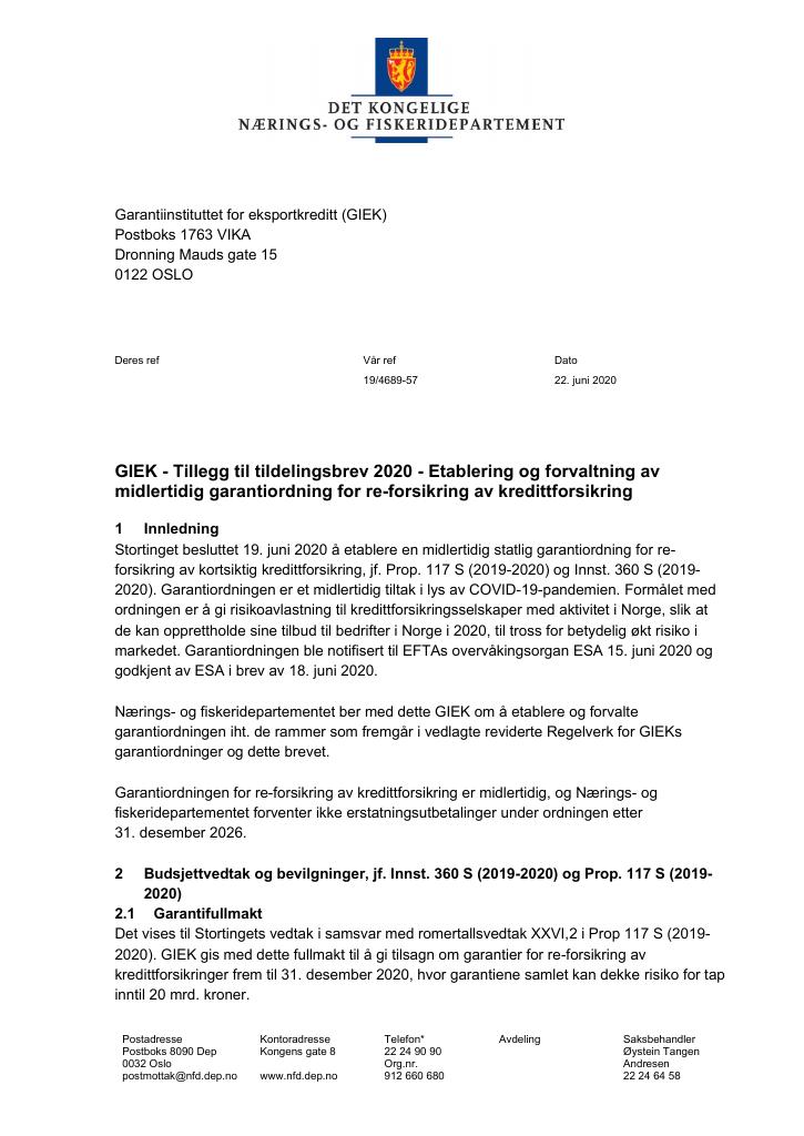 Tildelingsbrev GIEK 2020 Tillegg Kudos