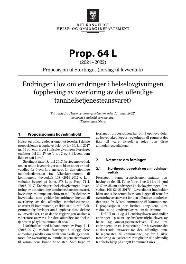 Forsiden av dokumentet Prop. 64 L (2021–2022)
