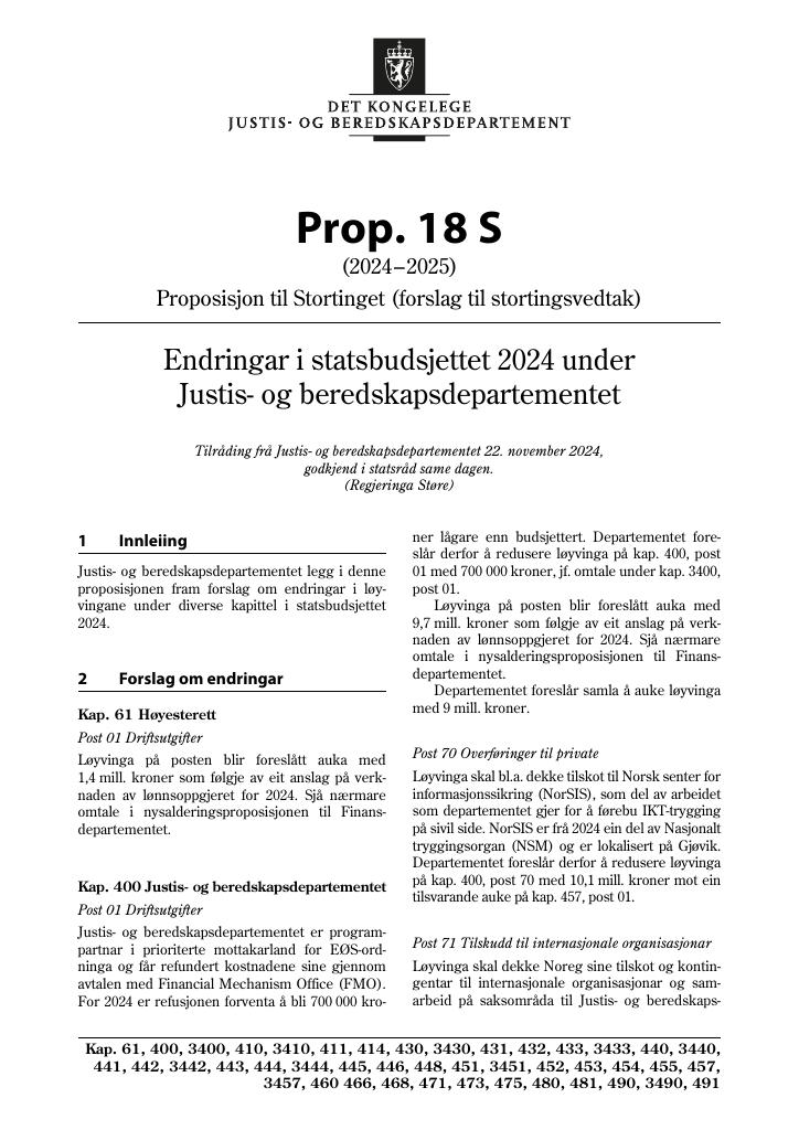 Forsiden av dokumentet Prop. 18 S (2024–2025)