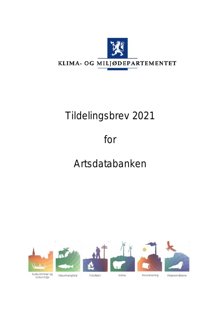 Forsiden av dokumentet Tildelingsbrev Artsdatabanken 2021