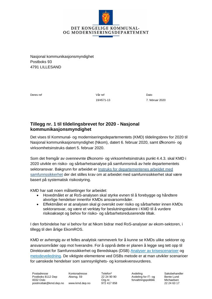 Forsiden av dokumentet Tildelingsbrev Nasjonal kommunikasjonsmyndighet 2020 - tillegg nr. 1