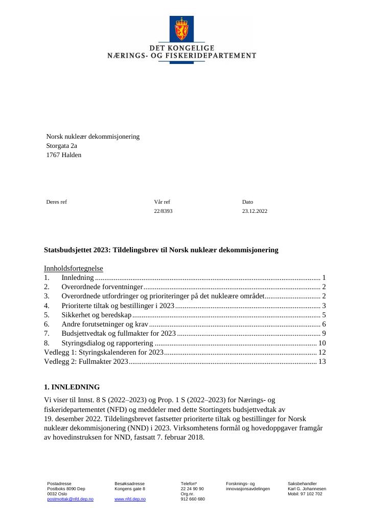 Forsiden av dokumentet Tildelingsbrev Norsk nukleær dekommisjonering 2023