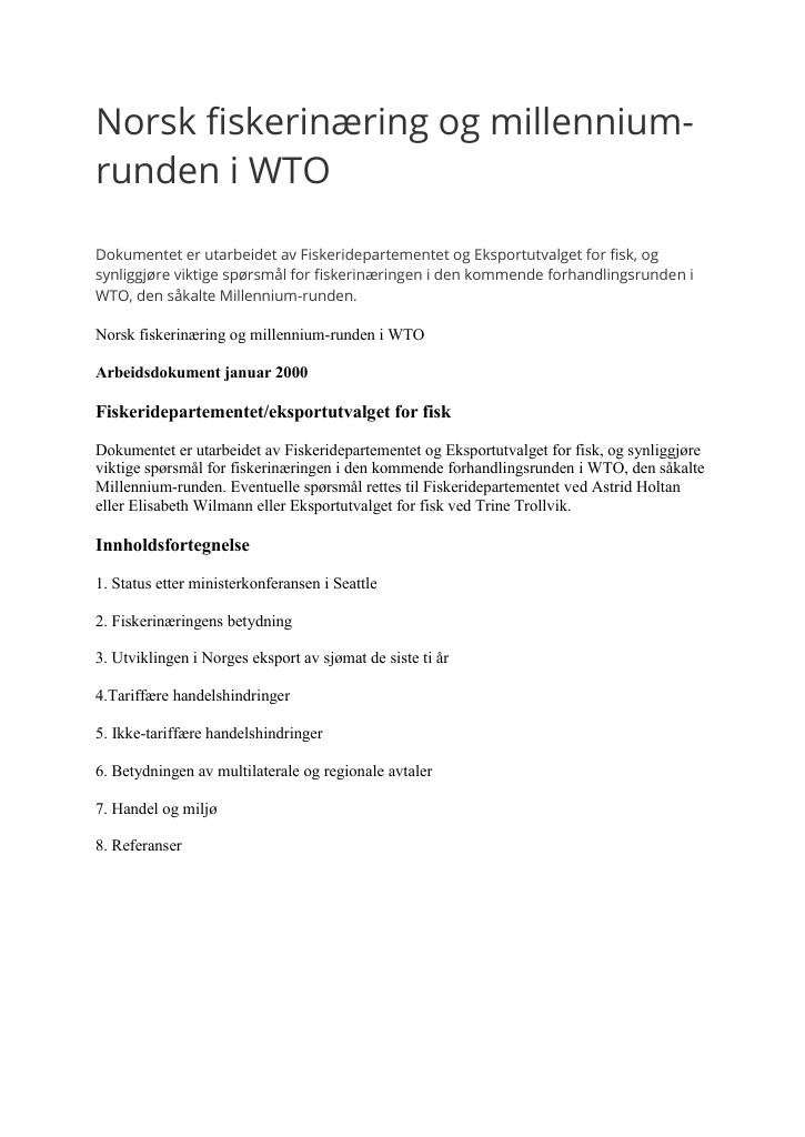 Forsiden av dokumentet Norsk fiskerinæring og millennium-runden i WTO