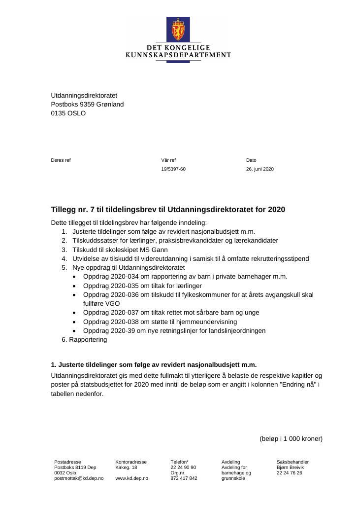 Forsiden av dokumentet Tildelingsbrev Utdanningsdirektoratet 2020 -  tillegg nr. 7