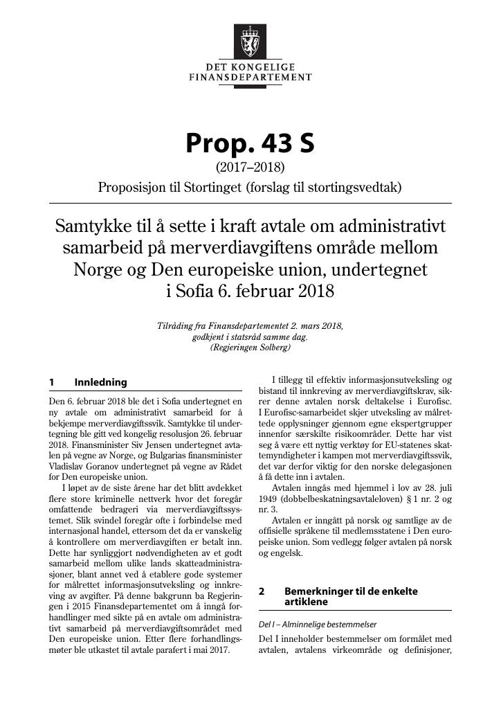 Forsiden av dokumentet Prop. 43 S (2017–2018)