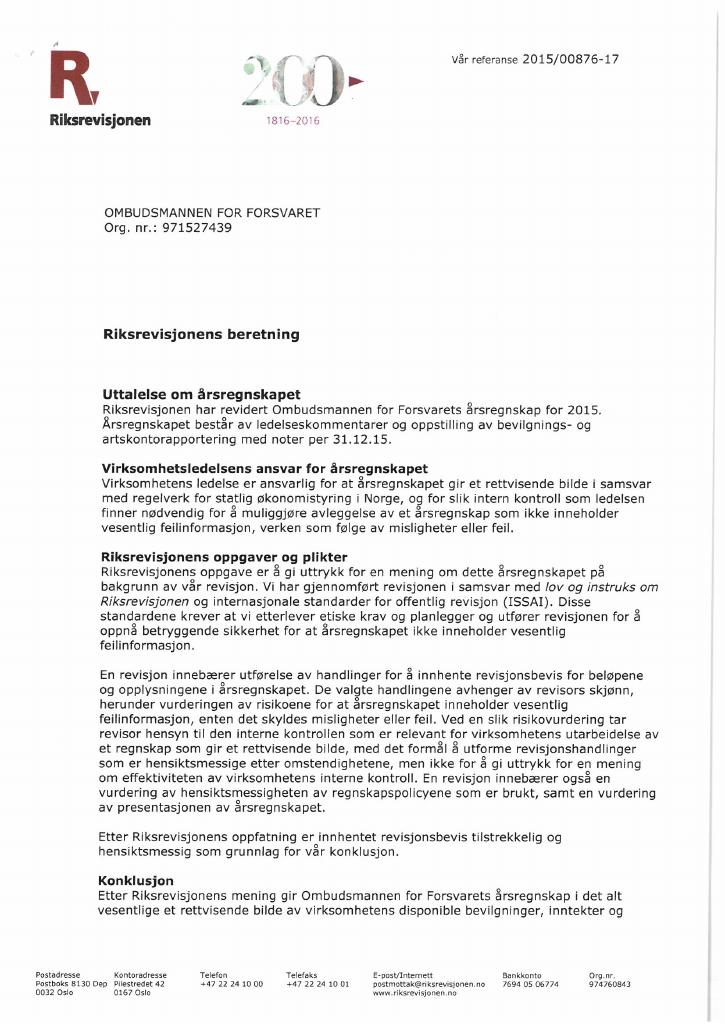 Forsiden av dokumentet Riksrevisjonens beretning for 2015 Ombudsmannen for Forsvaret
