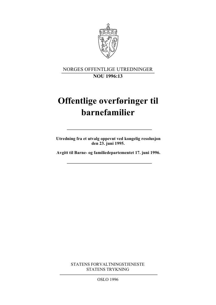 Forsiden av dokumentet NOU 1996: 13 - Offentlige overføringer til barnefamilier