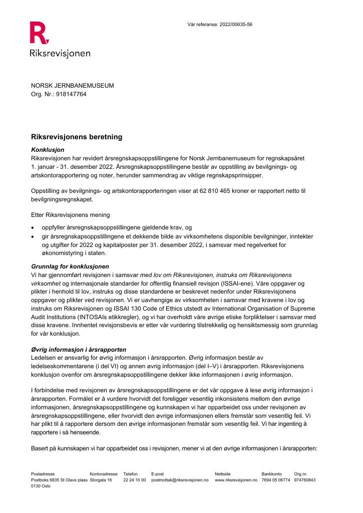 Forsiden av dokumentet Revisjonsberetning Statens Jernbanemuseum 2022