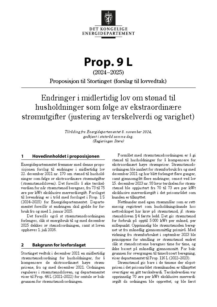 Forsiden av dokumentet Prop. 9 L (2024–2025)