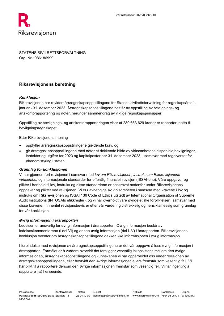 Forsiden av dokumentet Revisjonsberetning Statens sivilrettsforvaltning 2023
