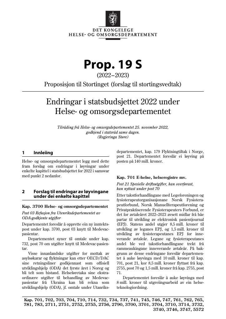 Forsiden av dokumentet Prop. 19 S (2022–2023)