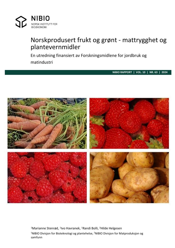 Forsiden av dokumentet Norskprodusert frukt og grønt - mattrygghet og plantevernmidler. En utredning finansiert av Forskningsmidlene for jordbruk og matindustri