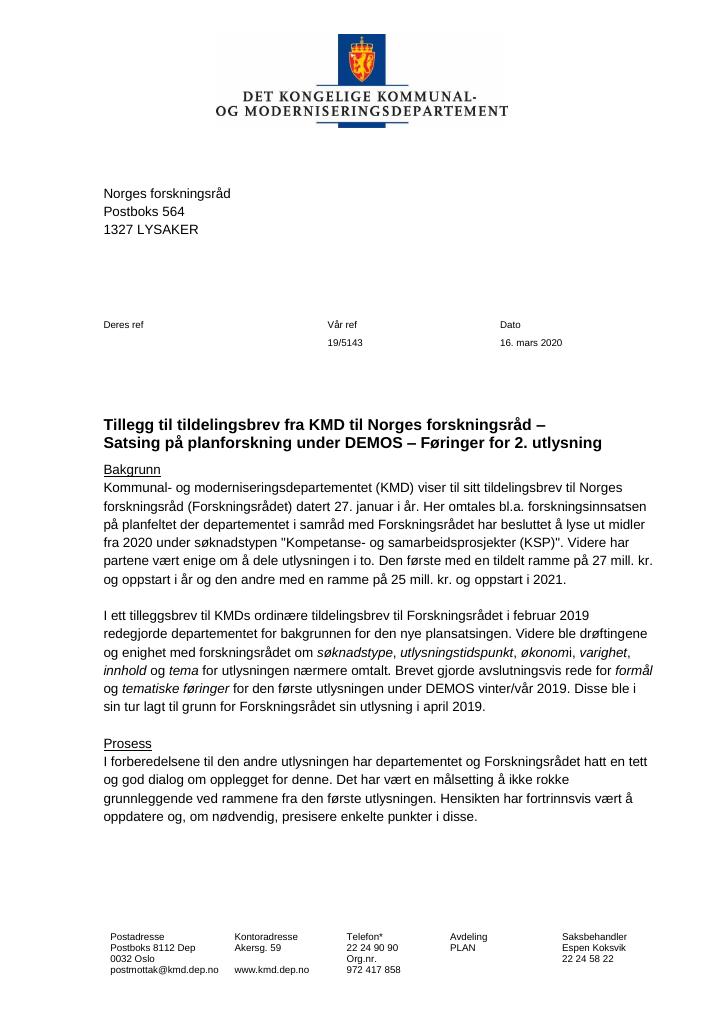 Forsiden av dokumentet Tildelingsbrev Norges forskningsråd 2020 - tillegg nr. 1