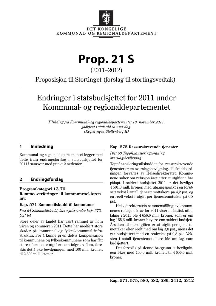 Forsiden av dokumentet Prop. 21 S (2011–2012)