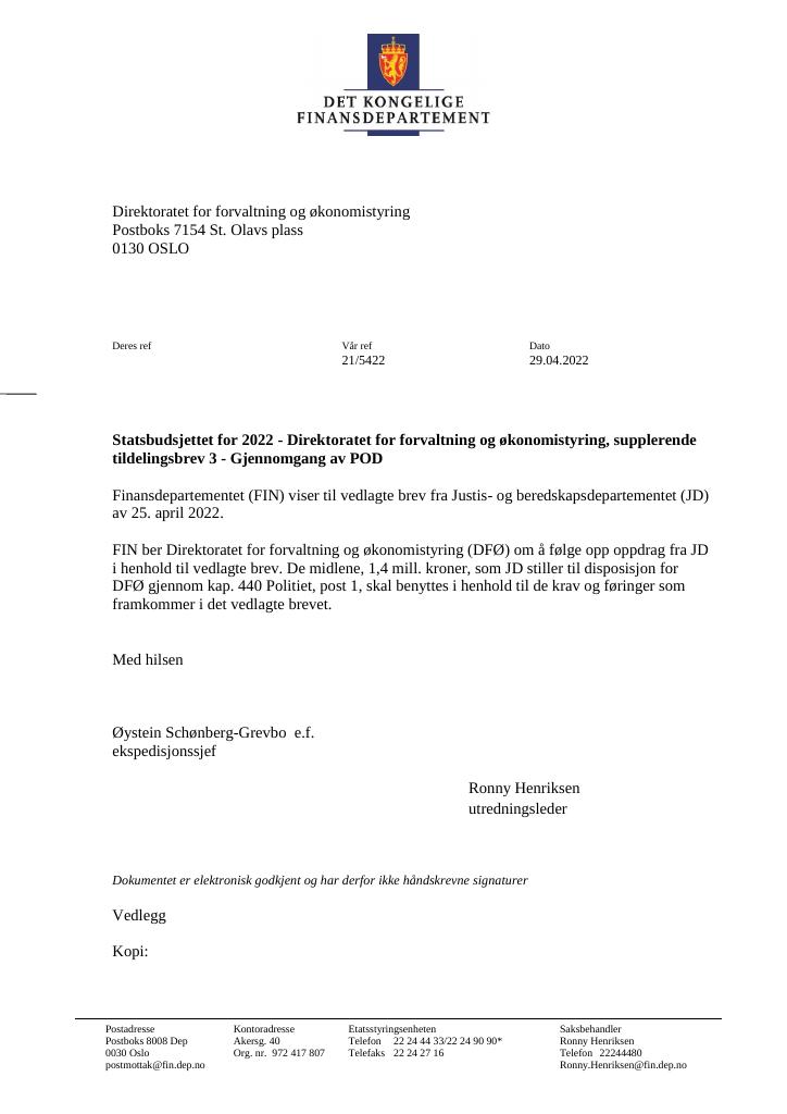 Forsiden av dokumentet Tildelingsbrev DFØ 2022 - tillegg nr. 3