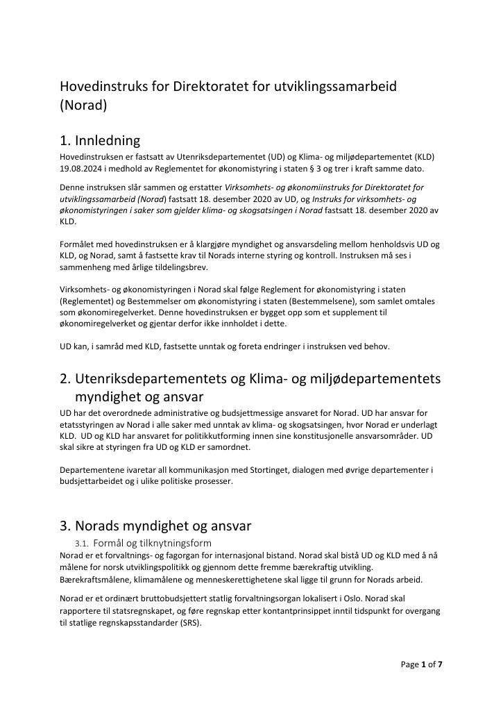 Forsiden av dokumentet Hovedinstruks for Direktoratet for utviklingssamarbeid 
(Norad)