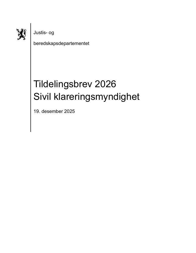 Forsiden av dokumentet Tildelingsbrev Sivil klareringsmyndighet 2026