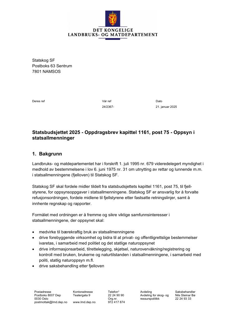 Forsiden av dokumentet Oppdragsbrev Statskog SF 2025 kap. 1161 post 75