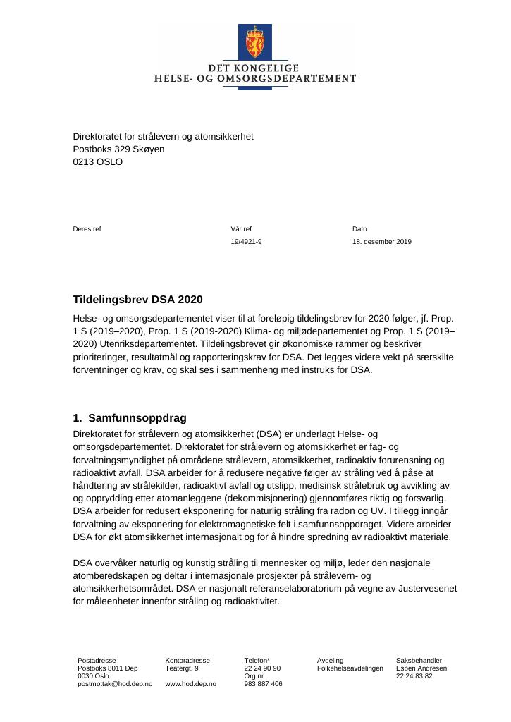 Forsiden av dokumentet Tildelingsbrev Direktoratet for strålevern og atomsikkerhet 2020