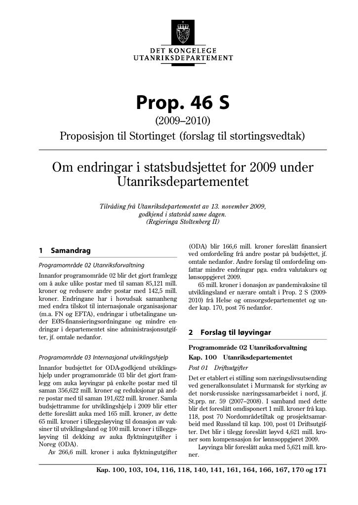 Forsiden av dokumentet Prop. 46 S (2009-2010)