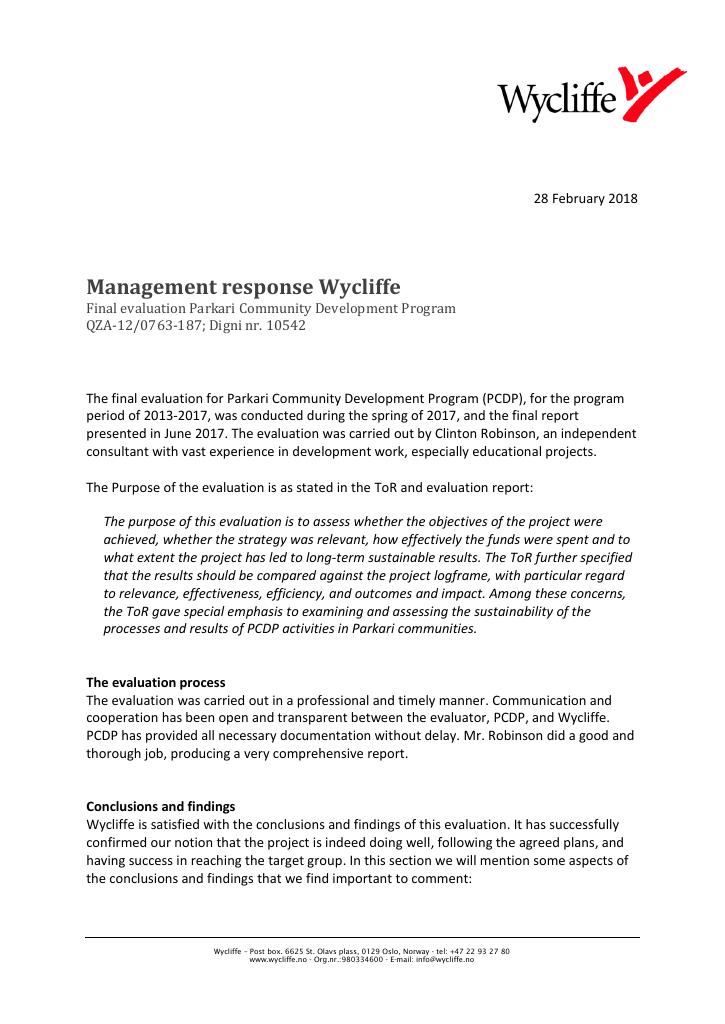 Forsiden av dokumentet Management response Wycliffe