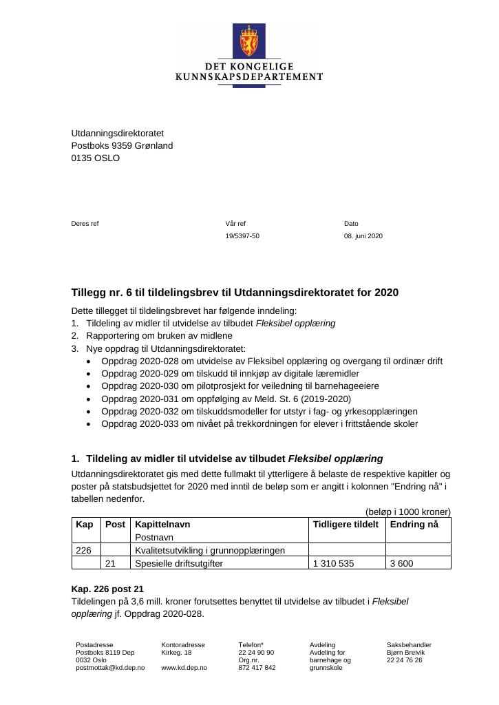 Forsiden av dokumentet Tillegg nr. 6 til tildelingsbrev 2020
