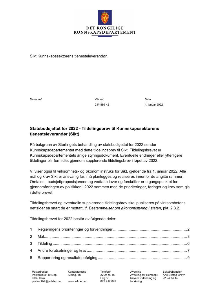 Forsiden av dokumentet Tildelingsbrev Kunnskapssektorens tjenesteleverandør (Sikt) 2022