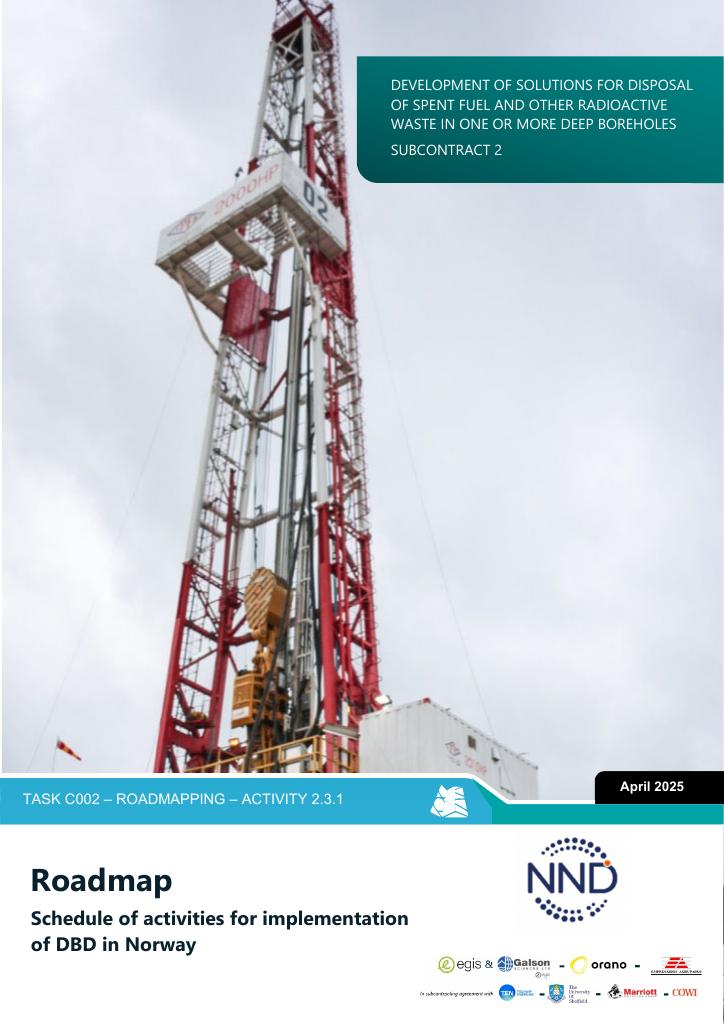 Forsiden av dokumentet Roadmap. Schedule of activities for implementation of Deep Borehole Disposal (DBD) in Norway