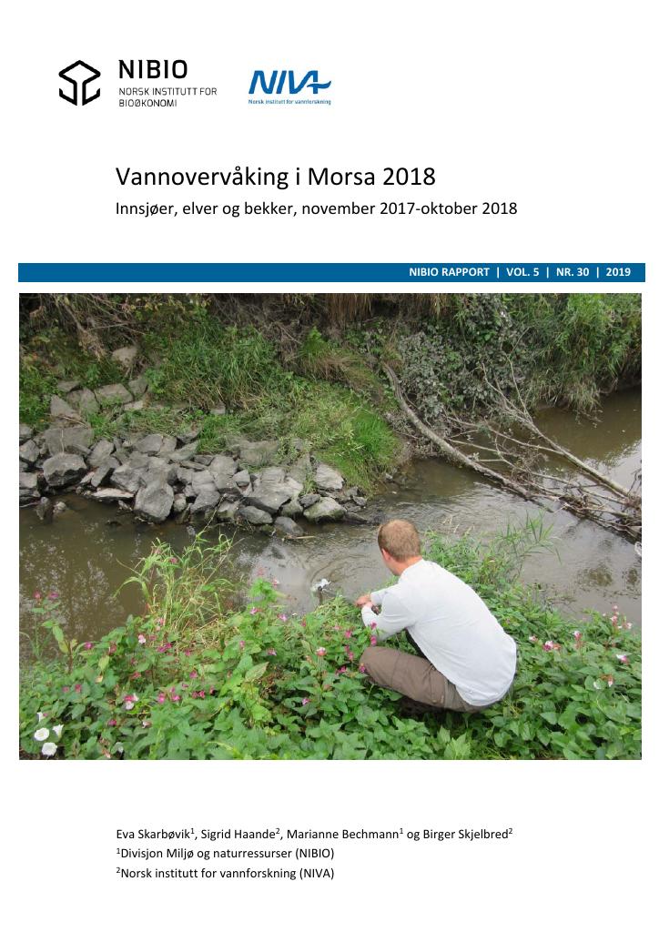 Forsiden av dokumentet Vannovervåking i Morsa 2018. Innsjøer, elver og bekker, november 2017 ‐ oktober 2018