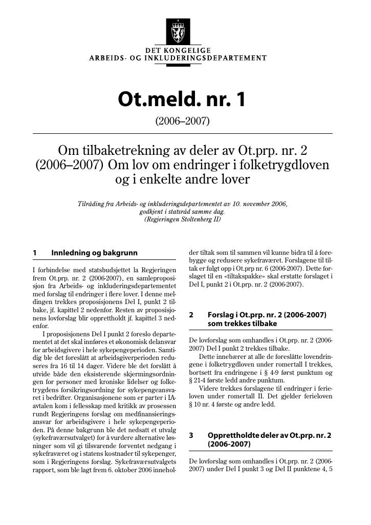 Forsiden av dokumentet Ot.meld. nr. 1 (2006-2007)