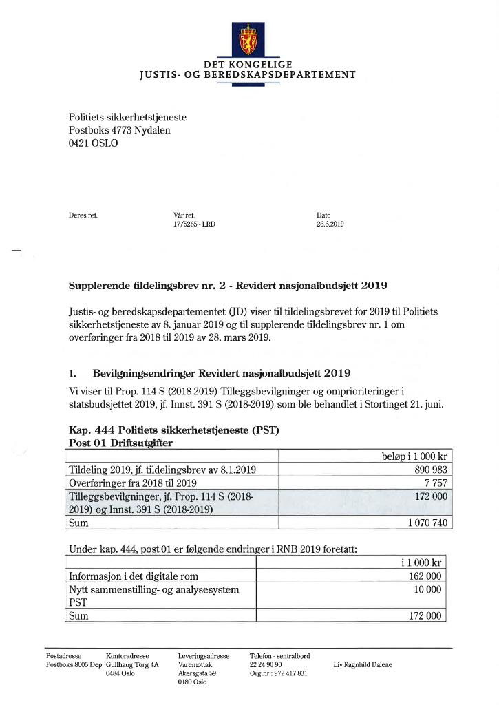 Forsiden av dokumentet Supplerende tildelingsbrev nr. 2 Politiets sikkerhetstjeneste 2019