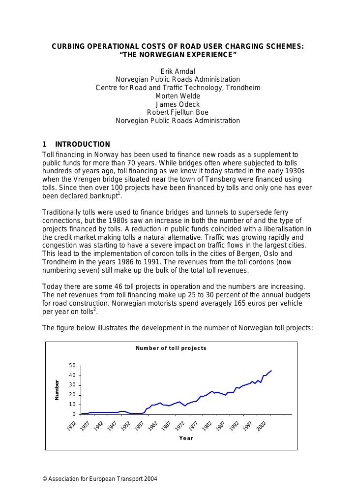 Forsiden av dokumentet Curbing operational costs of road user charging schemes: "The Norwegian experience"