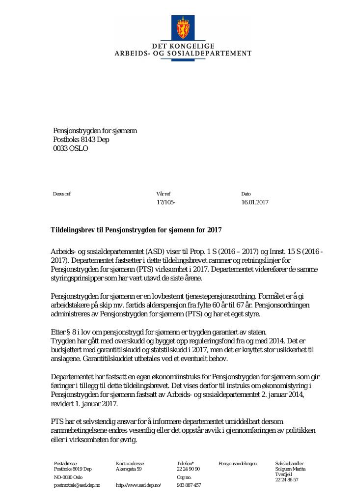 Forsiden av dokumentet Tildelingsbrev (PDF)