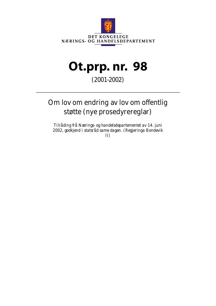 Forsiden av dokumentet Ot.prp. nr. 98 (2001-2002)