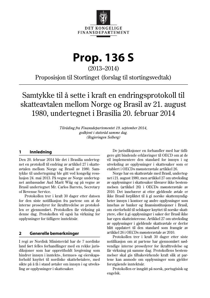 Forsiden av dokumentet Prop. 136 S (2013–2014)
