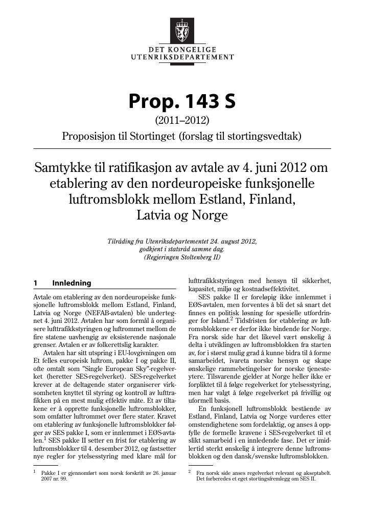 Forsiden av dokumentet Prop. 143 S (2011–2012)