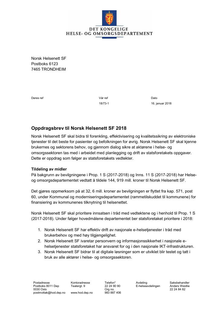 Forsiden av dokumentet Oppdragsbrev Norsk Helsenett SF 2018