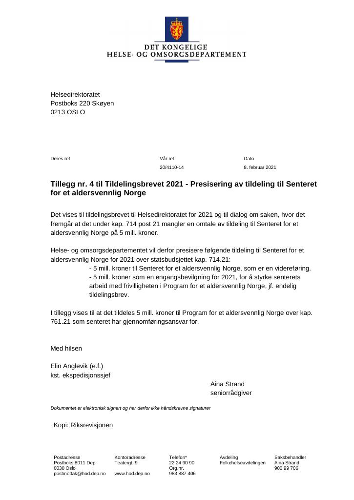 Forsiden av dokumentet Tildelingsbrev Helsedirektoratet 2021 - tillegg nr. 4