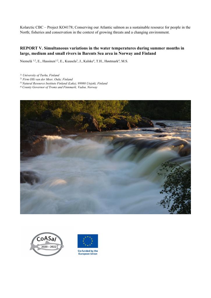 Forsiden av dokumentet REPORT V. Simultaneous variations in the water temperatures during summer months in large, medium and small rivers in Barents Sea area in Norway and Finland