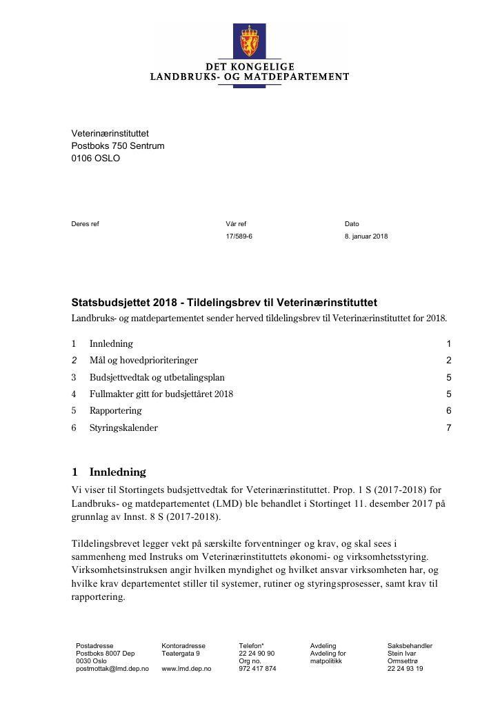 Forsiden av dokumentet Tildelingsbrev (PDF)