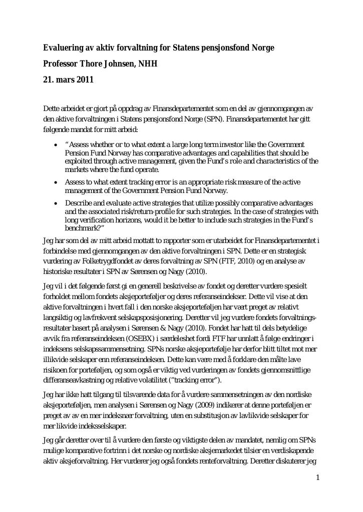 Forsiden av dokumentet Evaluering av aktiv forvaltning for Statens pensjonsfond Norge 