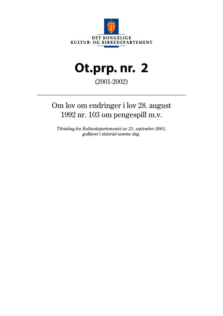 Forsiden av dokumentet Ot.prp. nr. 2 (2001-2002)