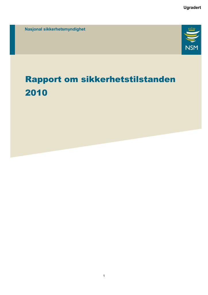 Forsiden av dokumentet Rapport om sikkerhetstilstanden 2010