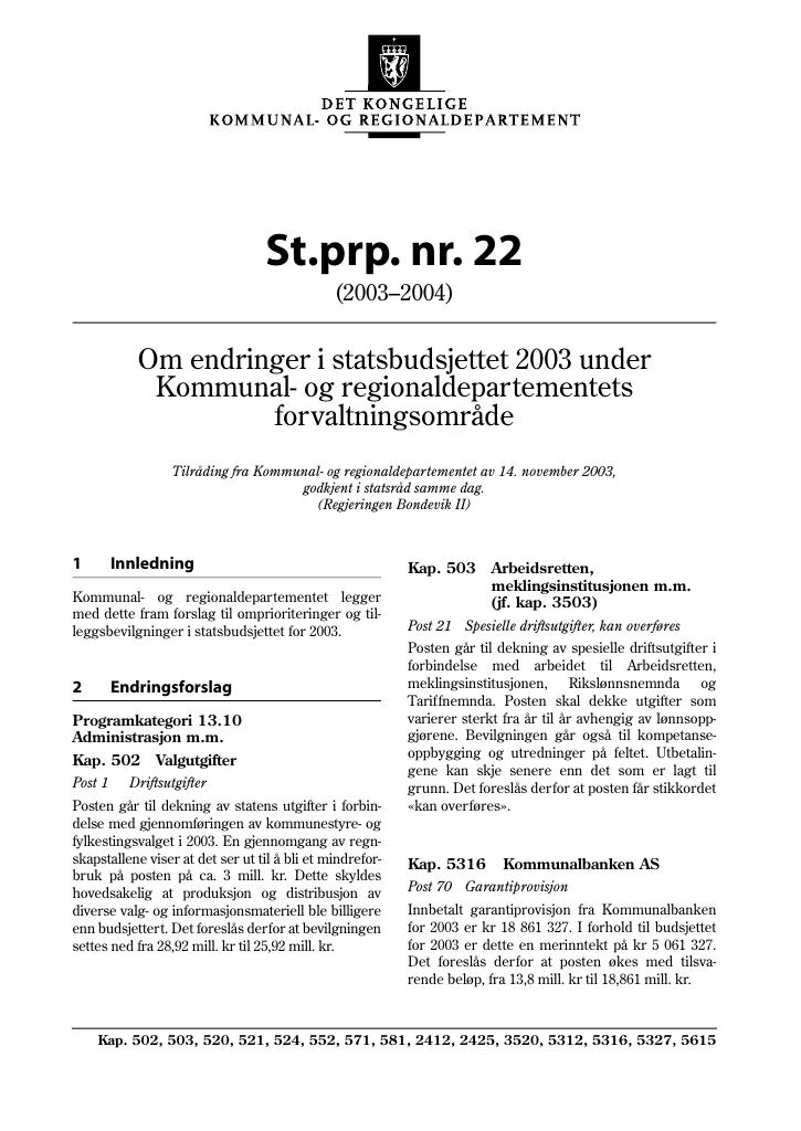 Forsiden av dokumentet St.prp. nr. 22 (2003-2004)