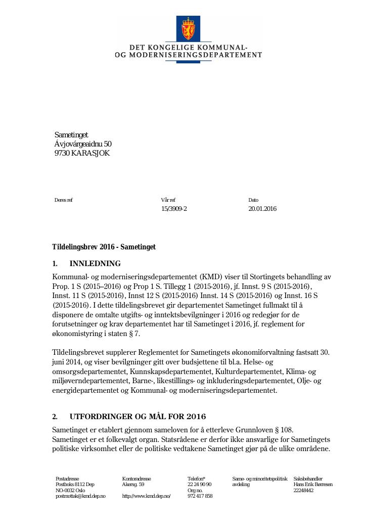Forsiden av dokumentet Tildelingsbrev (pdf)