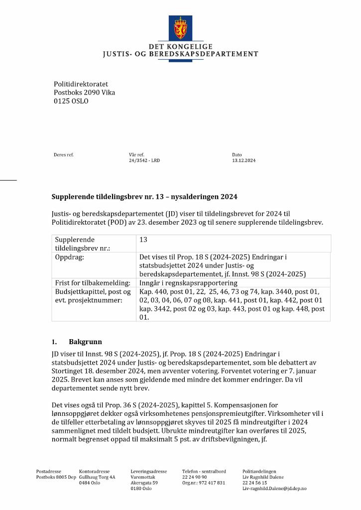 Forsiden av dokumentet Tildelingsbrev Politiet 2024 - tillegg nr. 13