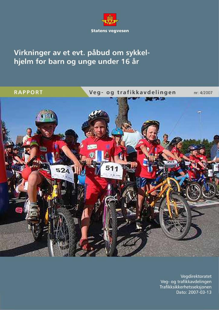 Forsiden av dokumentet Virkninger av et evt. påbud om sykkelhjelm for barn og unge under 16 år