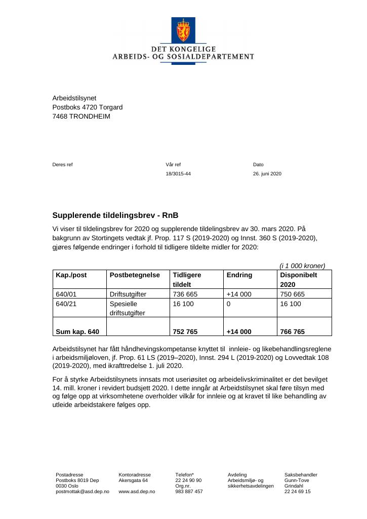 Forsiden av dokumentet Tildelingsbrev Arbeidstilsynet 2020 - tillegg nr. 3