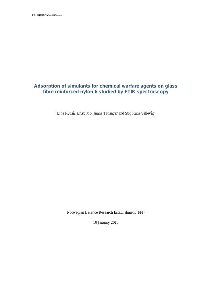 Forsiden av dokumentet Adsorption of simulants for chemical warfare agents on glass fibre reinforced nylon 6 studied by FTIR spectroscopy